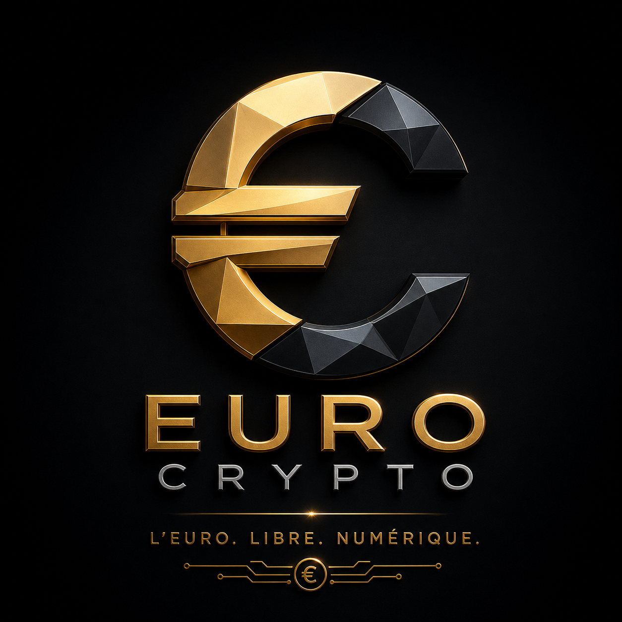 Logo officiel Euro Crypto : symbole euro facetté en or et métal sombre, accompagné du slogan L’EURO. LIBRE. NUMÉRIQUE.